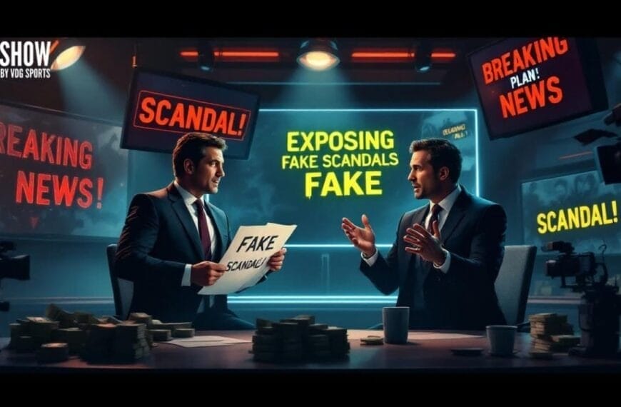 Two men in suits sit at a news desk on a TV set with cameras, holding papers labeled "FAKE SCANDAL." Bright monitors behind them display phrases like "BREAKING NEWS" and "SCANDAL!" satirizing sensationalism in sports media.