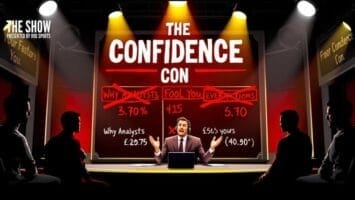 A man in a suit gestures from a desk on stage beneath a large "THE CONFIDENCE CON" sign, flanked by charts with crossed-out data. Four shadowy figures face him against a dramatic red and black background, evoking intensity similar to sports commentary.