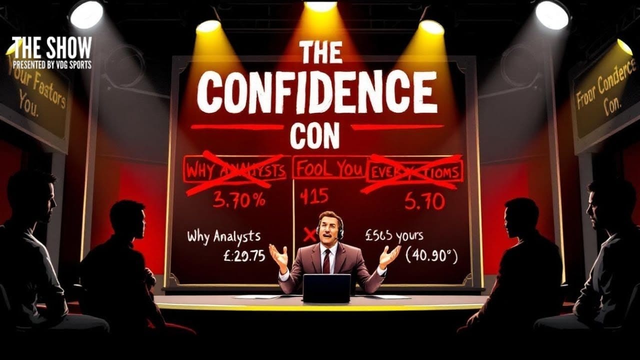 A man in a suit gestures from a desk on stage beneath a large "THE CONFIDENCE CON" sign, flanked by charts with crossed-out data. Four shadowy figures face him against a dramatic red and black background, evoking intensity similar to sports commentary.
