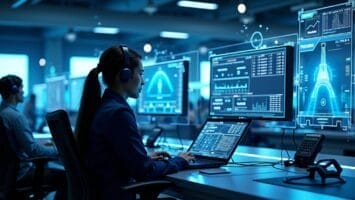 A woman wearing headphones sits at a desk in a high-tech command center, surrounded by screens displaying sports analytics data and digital security graphics—a scene right out of the Analytics Rebellion. Blue light fills the room as other operators work nearby.