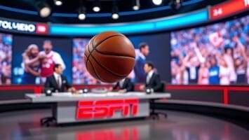 A basketball hovers in sharp focus in a TV studio with an ESPN desk. In the background, two sportscasters sit as large screens display NBA superstars in game clips and cheering crowds, creating a lively sports broadcast atmosphere.