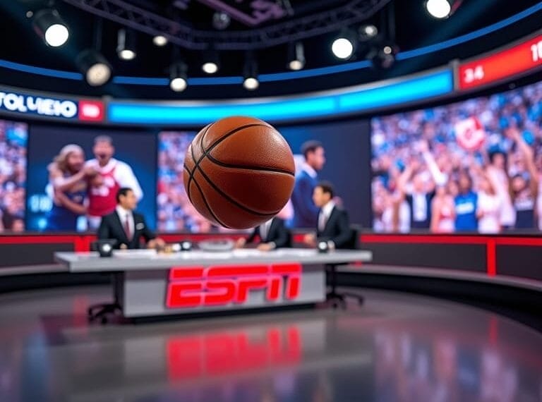 A basketball hovers in sharp focus in a TV studio with an ESPN desk. In the background, two sportscasters sit as large screens display NBA superstars in game clips and cheering crowds, creating a lively sports broadcast atmosphere.