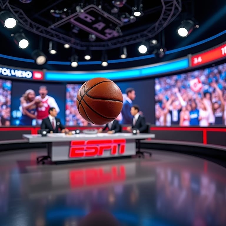 A basketball hovers in sharp focus in a TV studio with an ESPN desk. In the background, two sportscasters sit as large screens display NBA superstars in game clips and cheering crowds, creating a lively sports broadcast atmosphere.