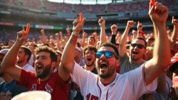 A group of enthusiastic baseball fans immersed in MLB Fan Culture, wearing team jerseys and sunglasses, cheer with raised arms in a crowded stadium. One man in front, sporting a white jersey with number 15, waves an orange foam finger as the sun shines on the energetic scene.