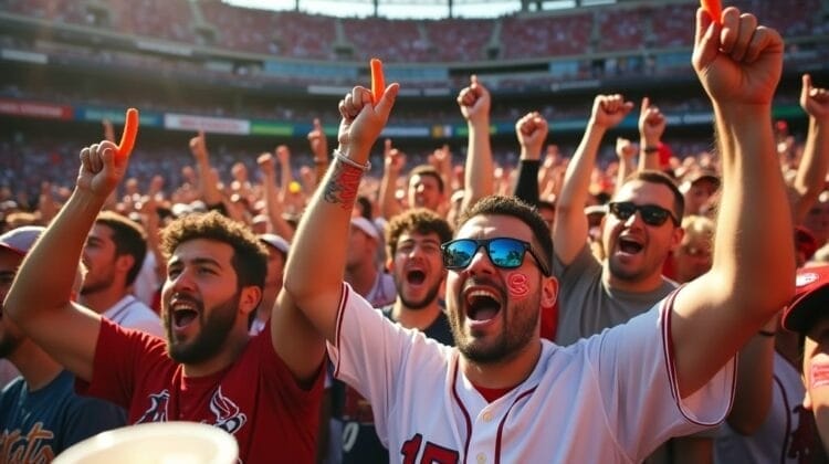 A group of enthusiastic baseball fans immersed in MLB Fan Culture, wearing team jerseys and sunglasses, cheer with raised arms in a crowded stadium. One man in front, sporting a white jersey with number 15, waves an orange foam finger as the sun shines on the energetic scene.