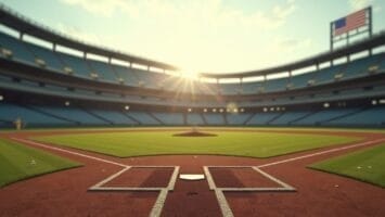 A sunlit, empty baseball stadium viewed from home plate, with bright green grass, brown dirt baselines, empty blue stands, and an American flag flying atop the scoreboard—its quiet scene inviting thoughts of MLB Game Pace under a partly cloudy sky.