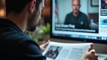A man sits at a desk reading a magazine while facing a computer monitor. The screen displays a news website with a video of a man speaking. The setting appears to be a cozy, softly lit room, suggesting focused work or study at night.