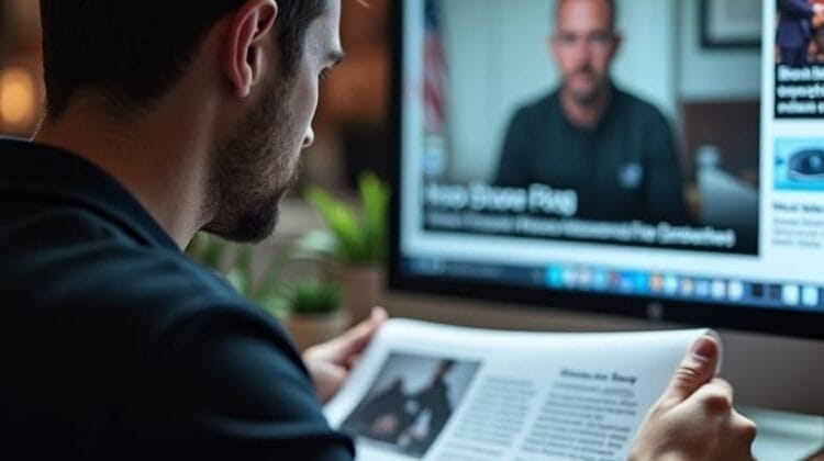 A man sits at a desk reading a magazine while facing a computer monitor. The screen displays a news website with a video of a man speaking. The setting appears to be a cozy, softly lit room, suggesting focused work or study at night.
