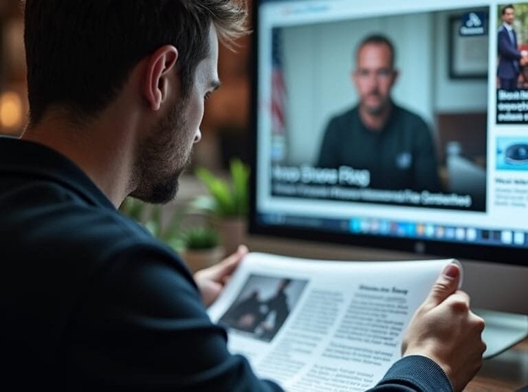 A man sits at a desk reading a magazine while facing a computer monitor. The screen displays a news website with a video of a man speaking. The setting appears to be a cozy, softly lit room, suggesting focused work or study at night.