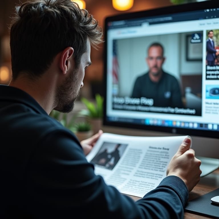 A man sits at a desk reading a magazine while facing a computer monitor. The screen displays a news website with a video of a man speaking. The setting appears to be a cozy, softly lit room, suggesting focused work or study at night.