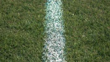 A close-up view of a freshly painted white line on green grass, possibly part of a Canadian football or American football field. The line runs vertically through the center, with lush, neatly trimmed grass on both sides.