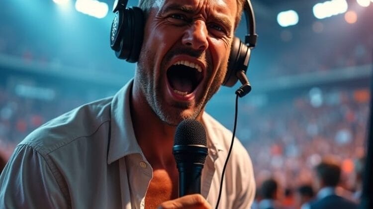 A male sports commentator with headphones and a microphone passionately shouts during a live broadcast—capturing the high energy typical of most sports commentary in a brightly lit, crowded indoor arena with blurred spectators in the background.