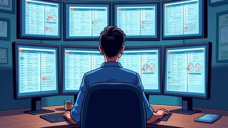 A person sits at a desk in a dark room, facing eight computer monitors filled with modern sports analytics data and charts. The individual appears focused, using a keyboard and mouse. The workspace holds a cup, papers, and a smartphone.