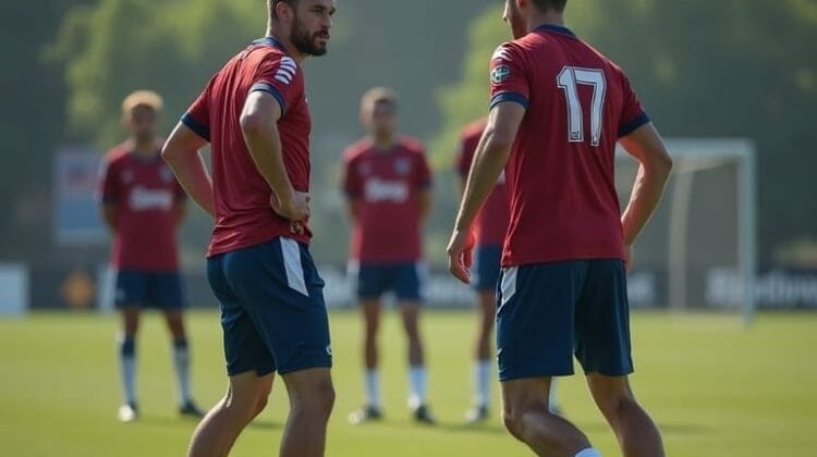 Two male soccer players in red jerseys and blue shorts stand on a grassy field, talking during practice—perhaps pondering why good players end up on terrible teams. In the background, three more teammates in matching uniforms are visible amid sunny goalposts and trees.