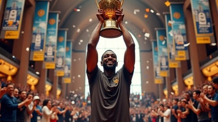 A jubilant basketball player holds a large gold trophy overhead in a crowded indoor arena. Fans cheer on both sides of the polished court as confetti falls and banners hang overhead—your team is ready to celebrate victory.