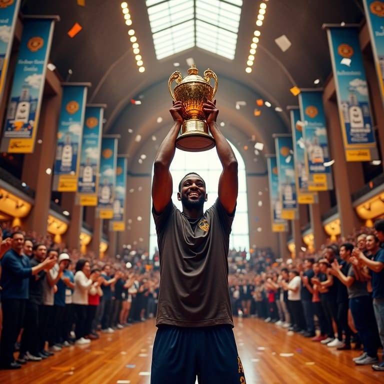 A jubilant basketball player holds a large gold trophy overhead in a crowded indoor arena. Fans cheer on both sides of the polished court as confetti falls and banners hang overhead—your team is ready to celebrate victory.