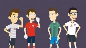 Four cartoon boys stand on grass against a purple background, each in different modern sports soccer uniforms. They smile and chat, sporting red, green, and white outfits with various emblems and numbers.