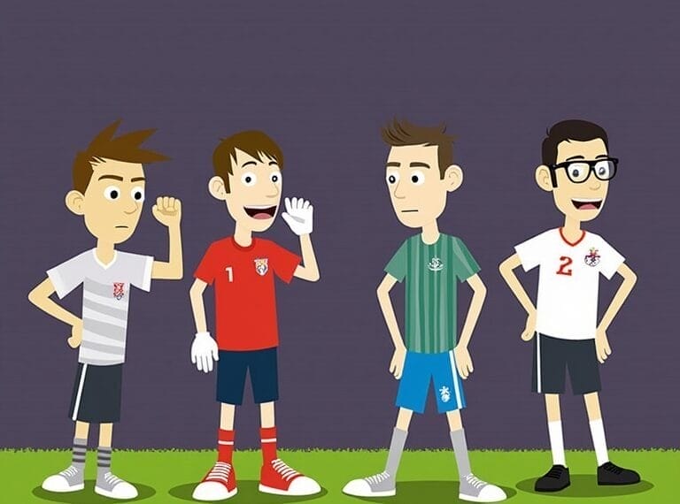 Four cartoon boys stand on grass against a purple background, each in different modern sports soccer uniforms. They smile and chat, sporting red, green, and white outfits with various emblems and numbers.