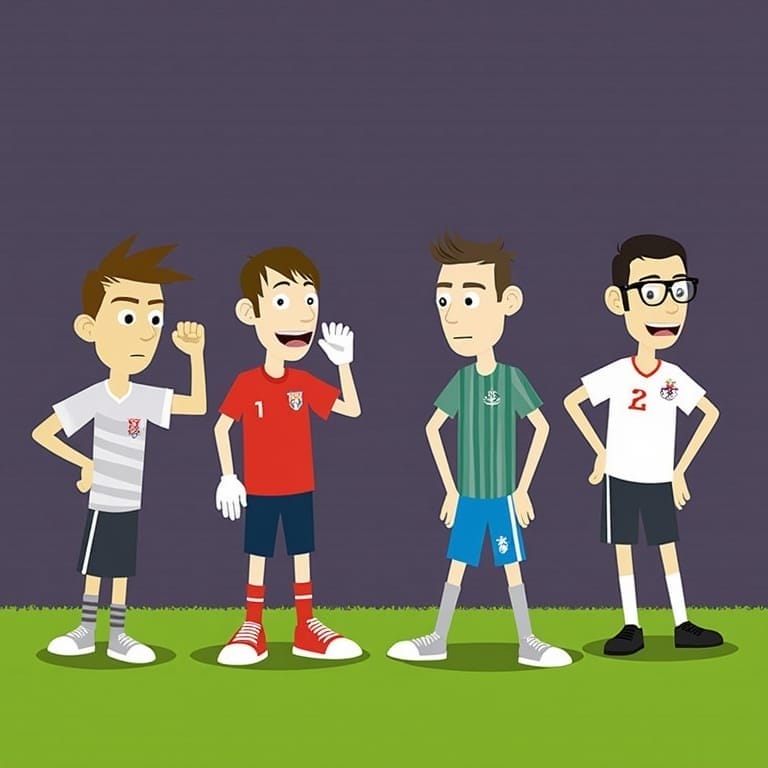 Four cartoon boys stand on grass against a purple background, each in different modern sports soccer uniforms. They smile and chat, sporting red, green, and white outfits with various emblems and numbers.