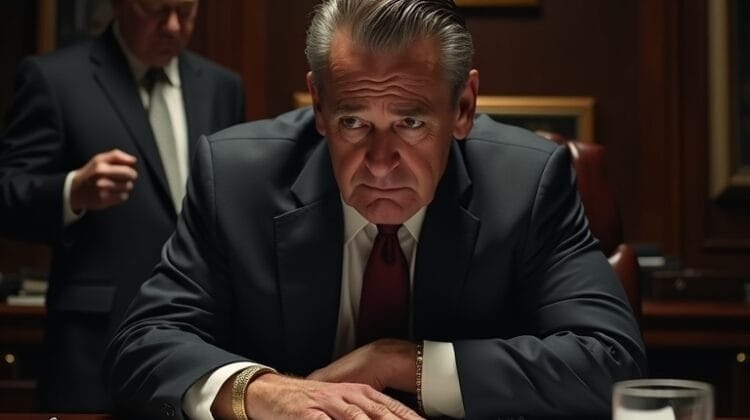 A stern man in a dark suit, resembling an NFL Team's Front Office executive, leans over a conference table with documents, looking serious. The wood-paneled room has framed art, a chess piece on the wall, and a glass of whiskey on the table.