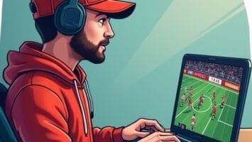 A man in a red hoodie and cap, wearing headphones, sits at a desk using a laptop. The screen displays a sports video game with players in red uniforms on a soccer field, suggesting focused gameplay or objective sports analysis.