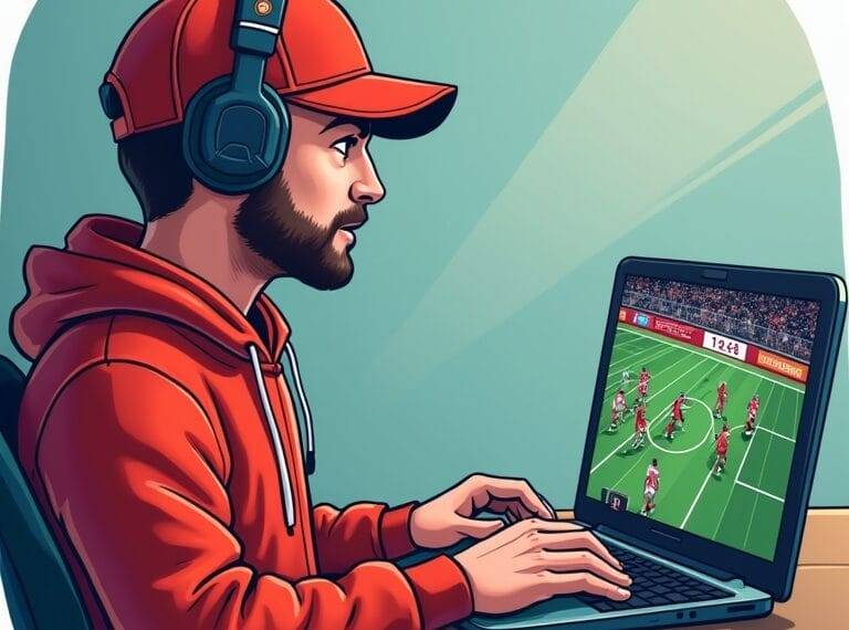 A man in a red hoodie and cap, wearing headphones, sits at a desk using a laptop. The screen displays a sports video game with players in red uniforms on a soccer field, suggesting focused gameplay or objective sports analysis.