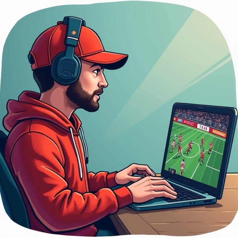 A man in a red hoodie and cap, wearing headphones, sits at a desk using a laptop. The screen displays a sports video game with players in red uniforms on a soccer field, suggesting focused gameplay or objective sports analysis.