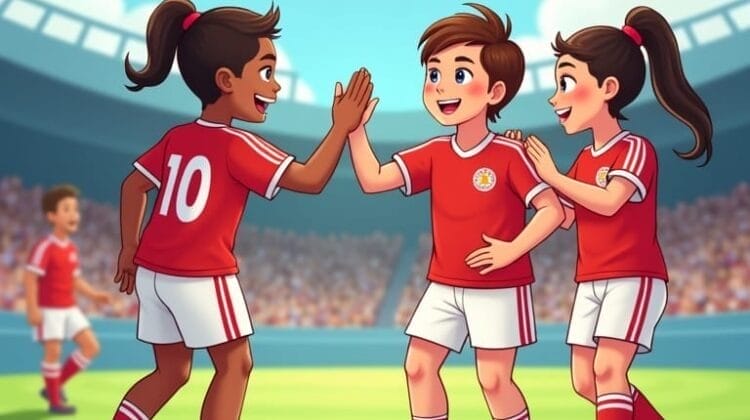 Three young soccer players in red uniforms celebrate on a soccer field, smiling and giving high fives. A stadium crowd is visible in the background under a blue sky with fluffy clouds. Two girls and one boy are in focus, showing excitement and teamwork.
