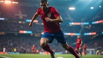 A soccer player in a red jersey and blue shorts runs intensely near the sideline, focusing on a white ball. Stadium lights shine brightly above as sports media captures the action, with cheering fans and teammates in the blurred background.