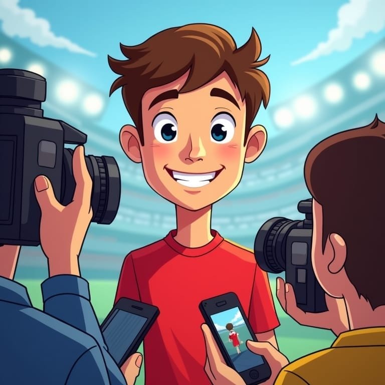 A smiling cartoon boy in a red shirt stands in a stadium, surrounded by sports media and cameras, as if at one of those lively Sports Press Conferences. Stadium lights and a blue sky add to the energetic, cheerful atmosphere.