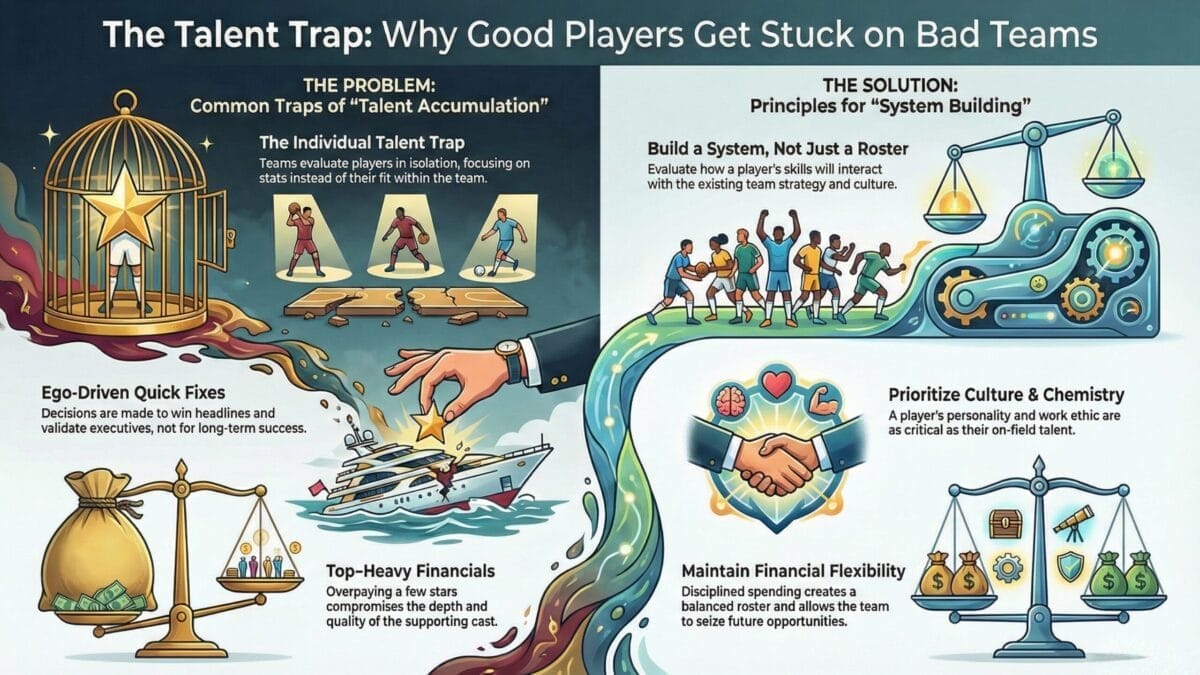 Infographic titled “The Talent Trap: Why Good Players End Up on Terrible Teams,” comparing individual talent focus (ego, money) with team-oriented solutions like system strategy, culture, chemistry, and financial flexibility using detailed illustrations and icons.