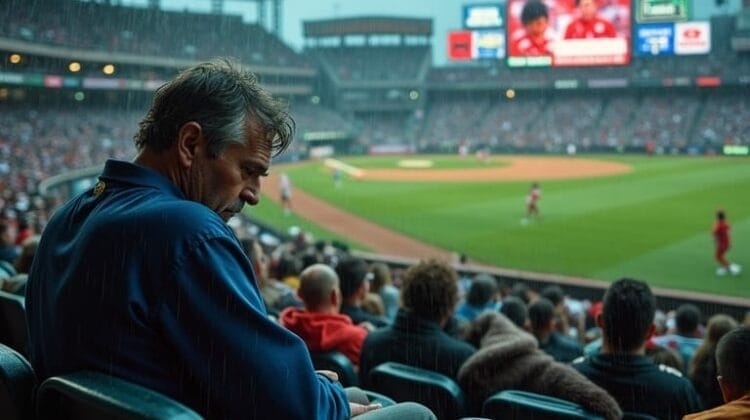 A man in a blue jacket sits in a stadium seat during a rainy baseball game, looking down thoughtfully—perhaps frustrated by bad sports management. The field, players in red, and glowing scoreboard fade under the overcast sky as raindrops fall.