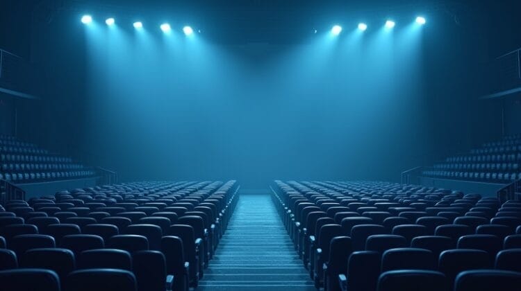 Empty theater with rows of black seats and a central aisle, reminiscent of a sports stadium layout, leading to a stage brightly lit by overhead blue spotlights. Haze near the stage highlights the dramatic lighting and moody atmosphere.