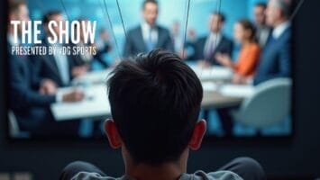 A person viewed from behind watches a large TV showing a sports media discussion panel with several blurred figures in suits. Text on the screen reads, "THE SHOW Presented by VDG Sports," in bold white letters on the left side.