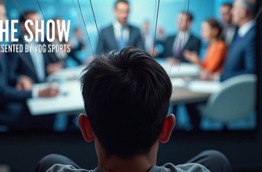 A person viewed from behind watches a large TV showing a sports media discussion panel with several blurred figures in suits. Text on the screen reads, "THE SHOW Presented by VDG Sports," in bold white letters on the left side.