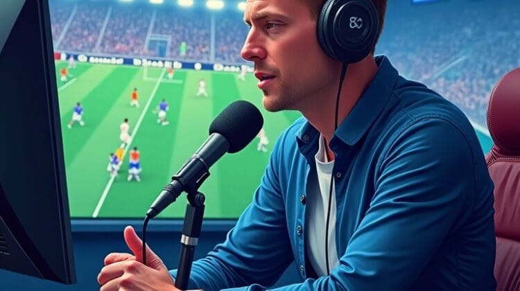 A male sports commentator delivers live sports analysis wearing headphones and speaking into a microphone at his desk, with a computer monitor in front of him and a soccer match displayed on a large screen in the blue-lit studio.
