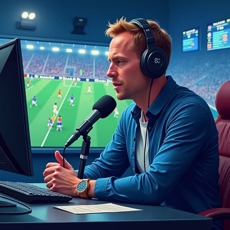 A male sports commentator delivers live sports analysis wearing headphones and speaking into a microphone at his desk, with a computer monitor in front of him and a soccer match displayed on a large screen in the blue-lit studio.
