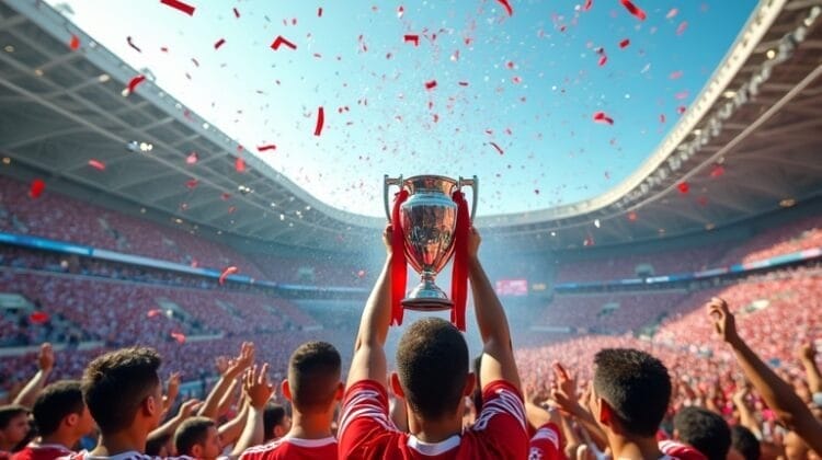 A soccer team in red jerseys celebrates in a packed stadium as one player lifts a trophy. Red confetti fills the air as fans cheer, capturing the jubilant and energetic atmosphere seen in successful sports organizations.