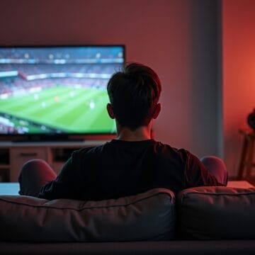 A person sits on a couch watching a soccer match, one of the 5 types of sports fans, in a dimly lit living room. The bright stadium on TV contrasts with the warm lighting, while snacks and a glowing lamp complete the cozy atmosphere.
