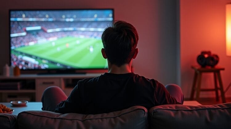 A person sits on a couch watching a soccer match, one of the 5 types of sports fans, in a dimly lit living room. The bright stadium on TV contrasts with the warm lighting, while snacks and a glowing lamp complete the cozy atmosphere.