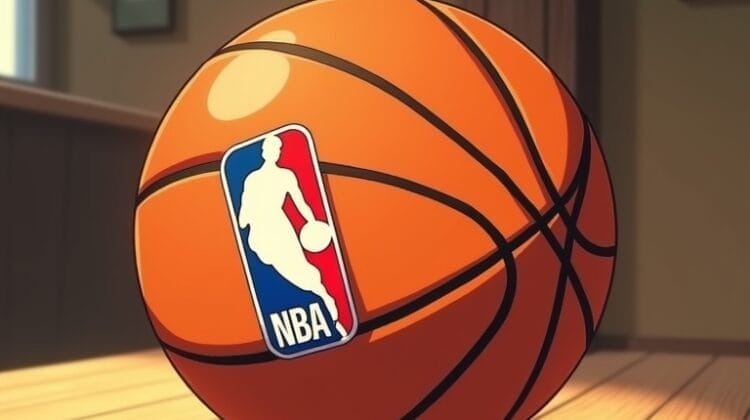 A basketball with the NBA logo rests on a wooden floor in a sunlit room, capturing the 90s basketball influence on the NBA. Framed pictures and natural light create a warm, inviting atmosphere reminiscent of classic hoops culture.