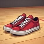 A pair of bright red canvas sneakers with white laces and soles sit side by side on a polished wooden gym floor, echoing the 90s basketball influence on the NBA. The shoes are clean and neatly arranged, facing slightly to the left.