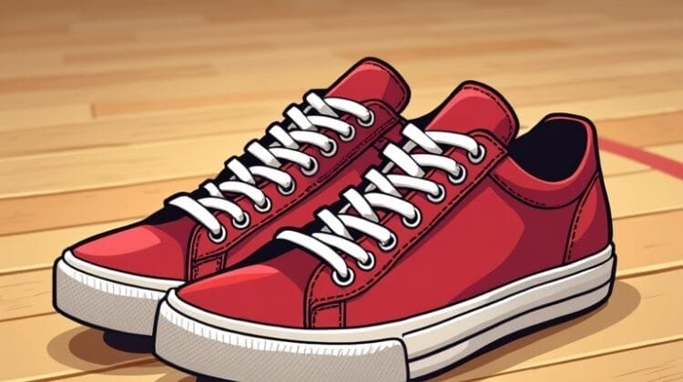 A pair of bright red canvas sneakers with white laces and soles sit side by side on a polished wooden gym floor, echoing the 90s basketball influence on the NBA. The shoes are clean and neatly arranged, facing slightly to the left.