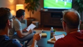 Three men sit in a cozy living room, watching a soccer match on TV and engaging in lively sports debates. One points at the screen, while tablets and snacks rest on the coffee table. The softly lit room is decorated with plants and framed photos.