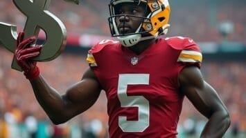 A football player in a red jersey with the number 5 and a yellow helmet holds a large dollar sign prop on the field, with a blurred stadium crowd behind him, hinting at celebration or a commentary on the NFL salary cap and sports finances.