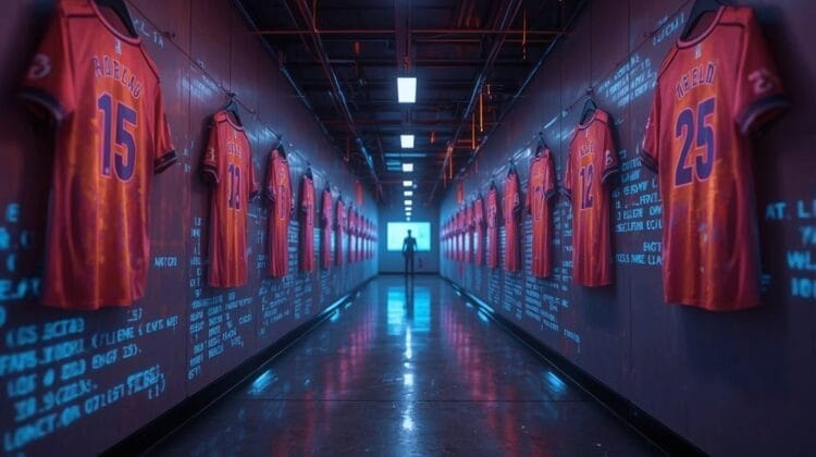 A brightly lit locker room tunnel lined with red soccer jerseys—symbols of sports dynasties—hangs on both sides; digital code is projected onto the walls and floor. A silhouetted figure faces a glowing blue light in the distance, evoking a futuristic mood.