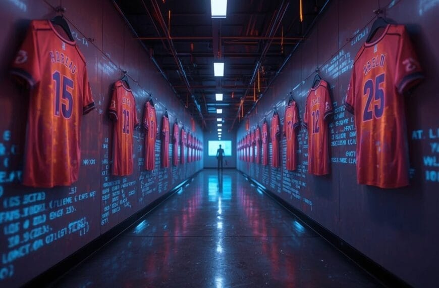A brightly lit locker room tunnel lined with red soccer jerseys—symbols of sports dynasties—hangs on both sides; digital code is projected onto the walls and floor. A silhouetted figure faces a glowing blue light in the distance, evoking a futuristic mood.