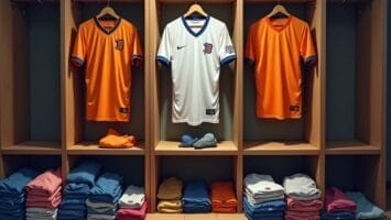 Three jerseys hang in wooden lockers: two orange with blue trim on either side and a white one with blue trim in the center. Each jersey has a “J” logo—a subtle reminder that salary cap management matters as much as talent on the shelves below.