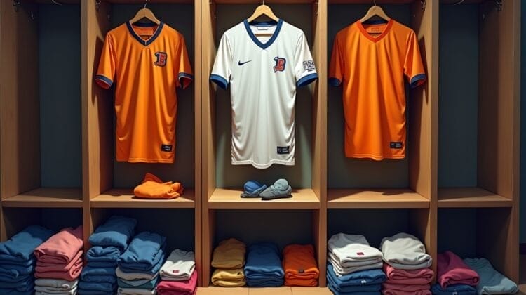 Three jerseys hang in wooden lockers: two orange with blue trim on either side and a white one with blue trim in the center. Each jersey has a “J” logo—a subtle reminder that salary cap management matters as much as talent on the shelves below.