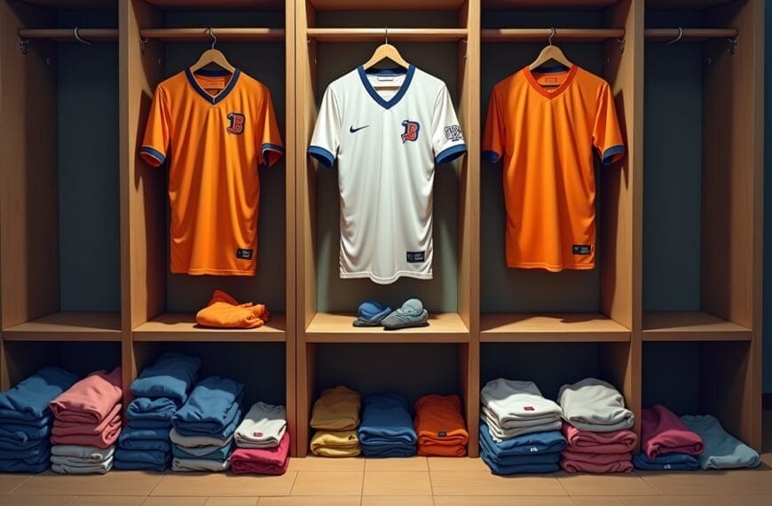 Three jerseys hang in wooden lockers: two orange with blue trim on either side and a white one with blue trim in the center. Each jersey has a “J” logo—a subtle reminder that salary cap management matters as much as talent on the shelves below.